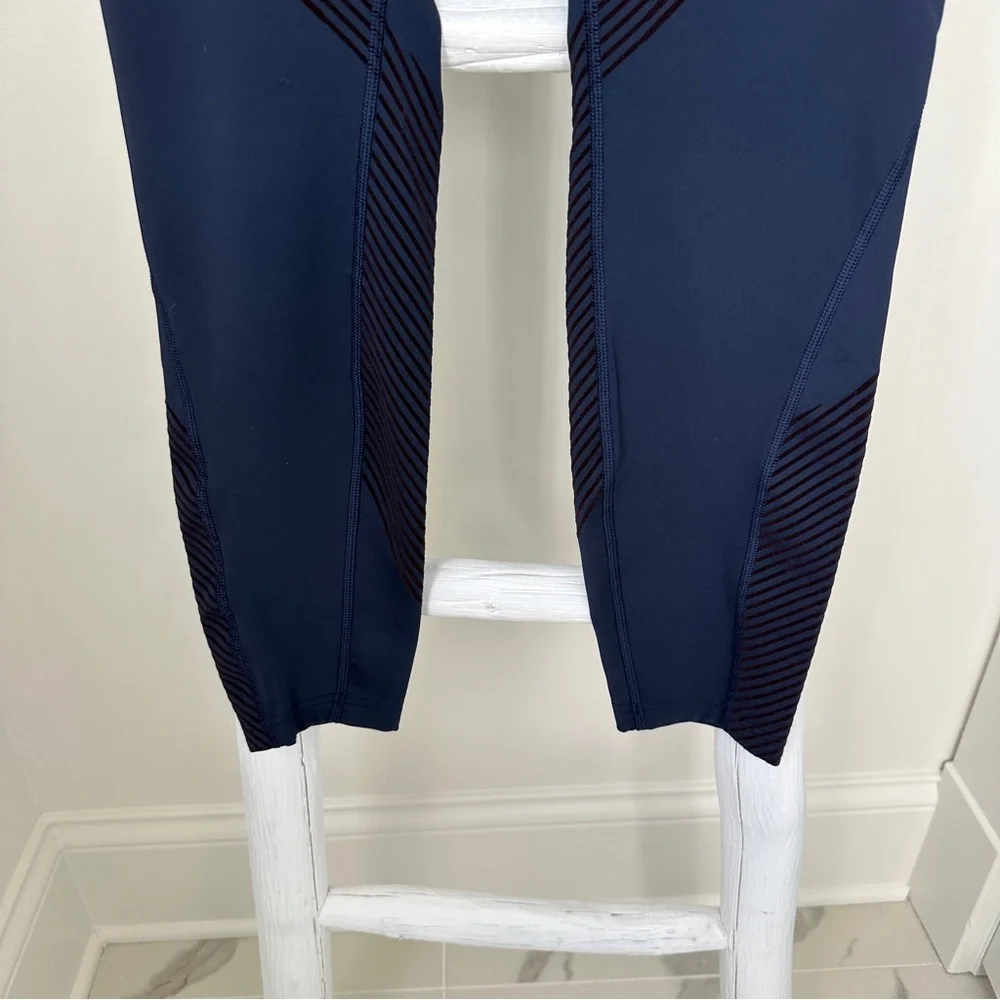 GAP Fit Sculpt Compression Moto Leggings Blue with Burgandy/Brown Stripes